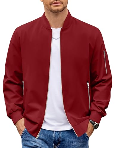 COOFANDY Men's Bomber Jacket Casual Lightweight Jackets With Pocket Fashion Stylish Spring Fall Windbreaker Wine Red M