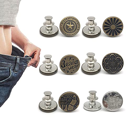 6 Pcs Buttons for Jeans,Adjustable Jean Button Pins,Pant Waist Tightener,No Sew and No Tools Instant Jean Button Pins for Pants, Simple Installation, Reusable and Adjustable(Style 3)