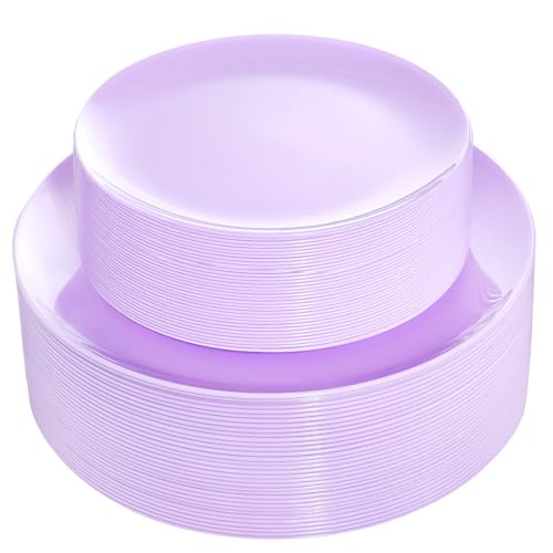 KIRE 60PCS Purple Plastic Plates Disposable - Heavy Duty Purple Plates Include 30Pcs 10.25” Dinner and 30Pcs 7.5” for Dessert/Salad - for Wedding/Bridal Shower