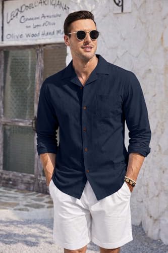 Image of Zombom Men's Cotton Blend Shirt with Full Sleeves Solid Pattern Cuban Collar Neck Line Regular Fit and Standard Length | Solid Shirt for Man Cotton | Shirts for Mans