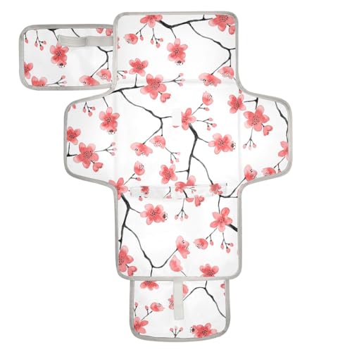 Image of Portable Diaper Changing Pad Waterproof Foldable Travel Changing Mat with Built-in Pillow for Newborn Girls Boys Toddlers Moms Dads Parents Cherry Blossom