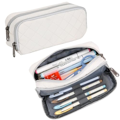 Image of Della Gao Pencil Case Large Capacity Pencil Pouch Soft Quilted Pen Bag Office Stationery Organizer Sturdy Pencil Bag for Men Women - Beige