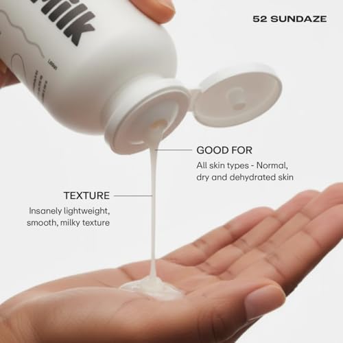 Image of 52 Sundaze Body Glazing Milk SPF 50 PA++++ | Hydrating Sunscreen Body Lotion with Oat Milk, Ceramides & Niacinamide | Lightweight Quick-Absorbing Formula | Non-Sticky, Non-Greasy Finish | Reduce Tan | No White Cast | All Skin Types | 200 ml