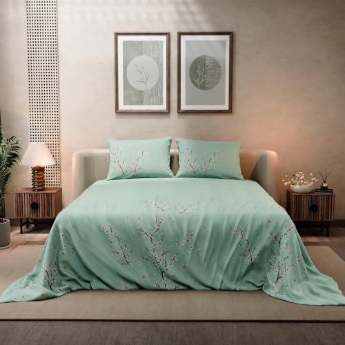 Image of BLISSHOME SoftTouch 140TC Cotton King Size Printed Bedsheet with 2 Pillow Covers for Double Bed, Silky Smooth Bedding Set, Breathable, Easy Maintain, Floral Print - Green, Ivory