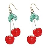 T-ztoss 18K Gold Plated Vintage 3D Red Big Cherry Charm& Green Crystal Leaf Fruit Tassel Women Hook