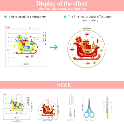 Image of Zhenqing Christmas Sleigh Gift Cross Stitch Kit with Hoop - 11CT Pre-Printed 24x24cm Fabric & Complete Tools for Beginners (68341)