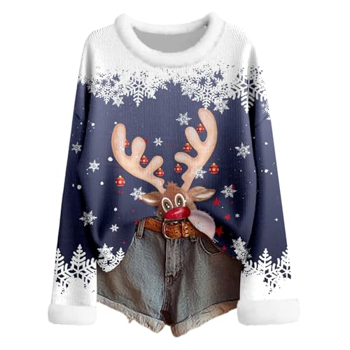 Generisch Jersey de Navidad para mujer, divertido jersey de Navidad, cuello redondo con estampado de renos, camiseta de manga larga, cálida sudadera de invierno, sudadera de Navidad, camiseta de