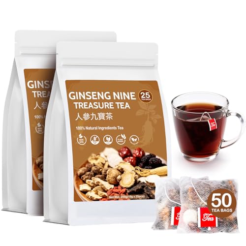 Kidney Tea - Ginseng and Wolfberry, Ginseng Six Treasure Tea, Traditional Chinese Herbal Plant-Based Five Treasure TeaBags, 9 Natural Ingredients Support Liver Cleanse & Repair for Men Women(50 Bags)