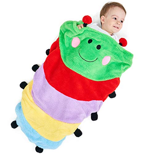 SINOGEM Plush Caterpillar Tail Blanket for Kids, Pocket Style Flannel Fleece Animal Sleeping Bags, Rainbow Caterpillar Design Snuggle Blankets for Movie Night, Sleepovers, Camping, Boys and Girls