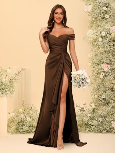 Stylefun Women's Off Shoulder Mermaid Bridesmaid Dresses with Slit Long Satin Prom Dresses CYM2703
