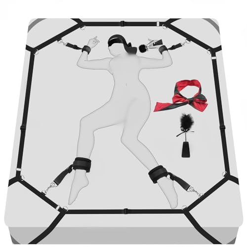 Image of Sex Bondage BDSM Kit Bed Restraints Set Sex Toys Super Easy Install Straps | Fit for Thicker Mattress, Handcuffs Ankle Cuff Blindfold Feather Tickler, for Adult Coupes Bedroom Kinkly Pleasure