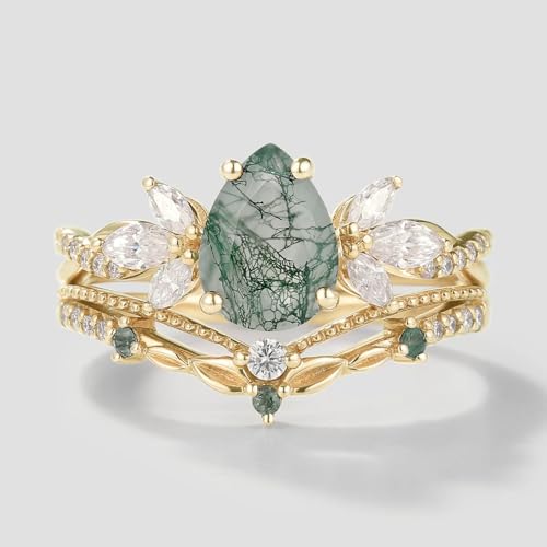 Natural Moss Agate Wedding Ring Set for Women 1CT Moss Agate Bridal Ring Set 925 Sterling Silver 10K 14K 18K Gold Vintage Engagement Ring Set for Wife Bridal with Free Engraving4