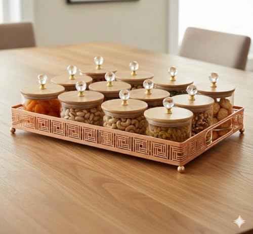 Image of Diwali Serving Dry Fruit Tray, 12 pcs Glass Container Serving Tray Set | 600 ML Each Premium Design Air-Tight Lid Copper Stand Organizer Bamboo Lid jar