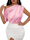 Floerns Women's Asymmetrical Neck Sleeveless Ruched Satin Tee Top Blouse Pink S