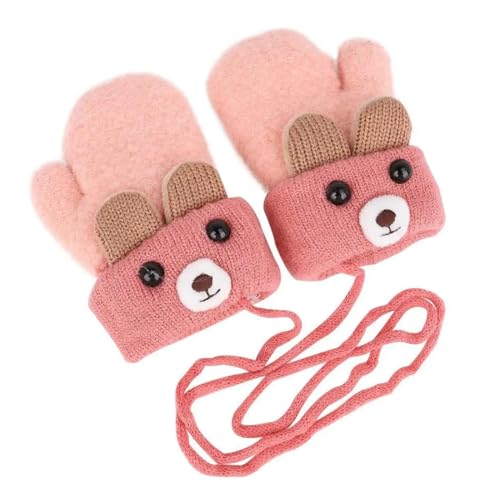 PHCOZY 1Pair Moufles d'hiver pour Bébé 0 à 3 ans Enfant Garçon Fille Moufles Tricot Ours Gants avec Corde Epais Chaud Mitaines avec Doublure Polaire Thermique Isolées Neige Temps rose pâle