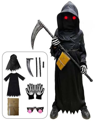 Tosekry Costume Halloween Bambino con Death Notebook, Tuta, Cappuccio, Occhiali Fosforescenti, Falce e Guanti (9-10...