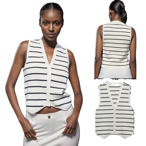 Image of Chevara Women's Sleeveless Striped Sweater Vest Casual V Neck Vest Tops Summer Outfits(0084-White-M-CW), Medium