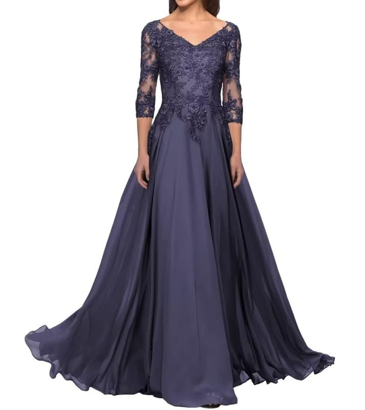 V Neck Mother of The Bride Dresses Chiffon Wedding Guest Dresses for Women Lace Appliques Formal Evening Gown