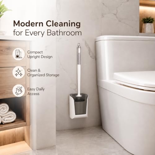 Image of Vasukie Toilet Brush and Holder Set, Wall Hanging Space Saving Toilet Scrubber with Removable Water Tray, Ergonomic Long Handle Bathroom Cleaning Kit