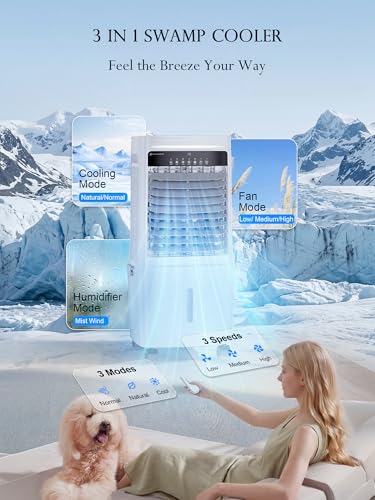Image of Uthfy 3000CFM Swamp Cooler Air Conditioner, Evaporative Cooler with Dual Water Tanks for 30H Cooling, 120 Oscillating, Ambient Light, 7.0 GAL Detachable Water Tank, 12H Timer, Portable AC for Bedroom