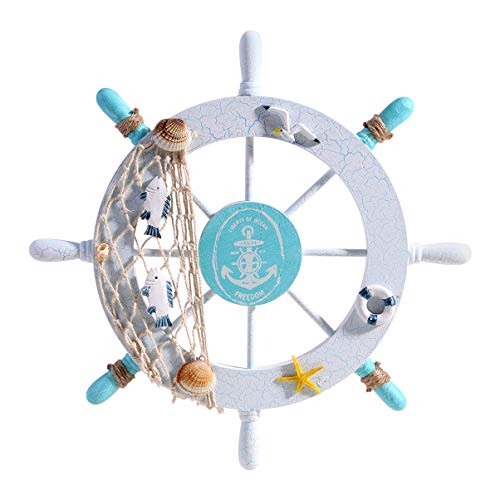 VORCOOL Rueda de la Nave, decoración de la Pared del timón Playa náutica Nave del Barco de Madera Rueda de la Red de Pesca Shell Decoración de la Pared del hogar 11 Pulgadas
