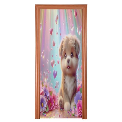 FLildon Cute Puppy in Rainbow Flowers Door Cover Decoration, Party Accessory Porch Decor for Festive Ornament Room Door Covers 35 x 79 Inch