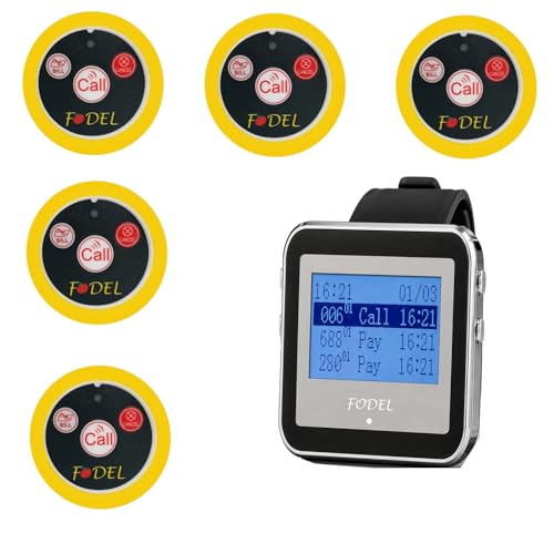 Image of Wireless Waiter Calling System By Fodel India - Set of 05 Call Bell Buttons with 01 Watch Receiver -Service Pager system for Restaurants, Cafes & Lounges