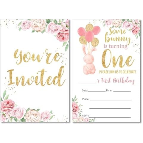 Soiceu Bunny 1st Birthday Invitations Pink Floral Bunny First Birthday Invitations with Envelopes Set of 20 Bunny 1st Birthday Party Invites Cover