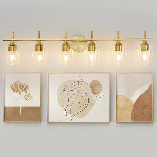Image of foucasal Bathroom Vanity Light Fixtures, Bathroom 6-Lights Over Mirror Modern Vanity Lighting with Clear Wine Glass Shade Wall Lamp for Bedroom Hallway Living Room (Gold, 6-Light)