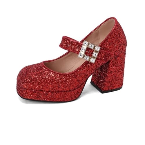 Glitter Sparkle Mary Jane Pumps for Women Square Toe High Block Heel Buckle Strap Party Wedding Cosplay Platform Shoes Plus