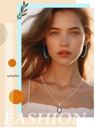 Image of Ecally Bohemian Western Jewelry Turquoise Set Women Country Pendant Long Choker Layered Bracelets Earrings Ring for Women