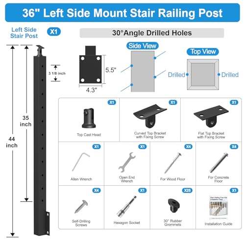 Image of 36 inch Side Mount Stair Railing Post, Stainless Steel Left Side 25-35 Degrees Stair Post w /Cable Grommets, Space-Saving Fascia Mount Deck Stair Railing System, 1 /8 inch Black Cable Railing Kit, RG72