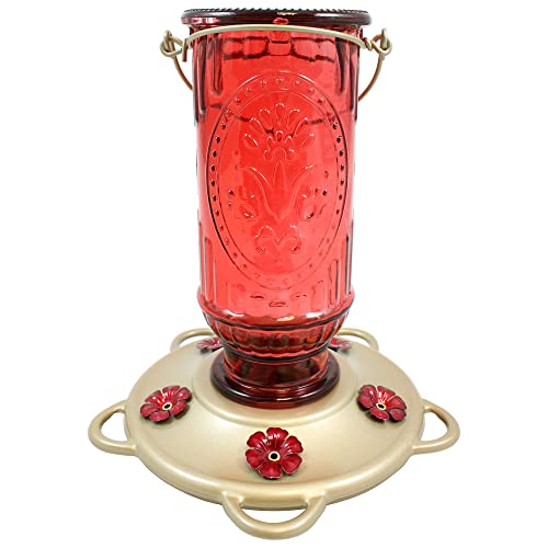 More Birds Red Vintage Hummingbird Feeder, Antique Glass Hummingbird Feeders for Outdoors, 5 Feeding Stations, 20 Ounces