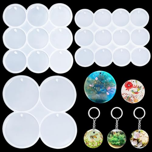 Fuehbur 25 Cavity Resin Circle Molds Set 3PCS Round Keychain Silicone Epoxy Casting Moulds Set Multi-Size Drilled Earrings Pendant Molds DIY Jewelry Making Craft Supply for Pet Tag