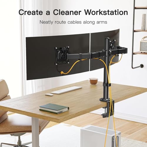 Image of STAR WORK Dual Black Arm Monitor Mount for 13-32 inch Screen, Heavy Duty Alloy Steel Stand, Full Motion 360 Rotate, Tilt & Swivel, Height Adjustable with Cable Clips (Dual Adjustable Black Monitor Arm)