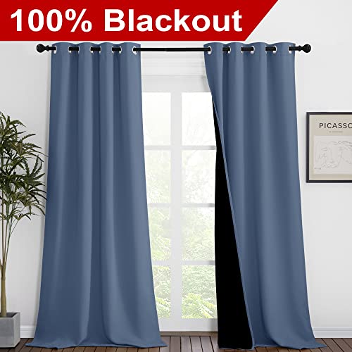 Image of NICETOWN Insulated 100% Blackout Curtains, Noise Reducing Performance Drapes with Black Lining, Full Light Blocking Draperies for Overnight Shift Worker (Stone Blue, 1 Pair, 46 inches x 90 inches)