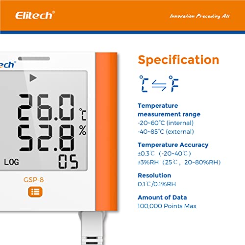 Elitech 100,000 Points Digital Temperature Humidity Data Logger Medical Refrigerator Thermometer Vaccine Fridge Temperature Monitor Max Min Average Value GSP-8