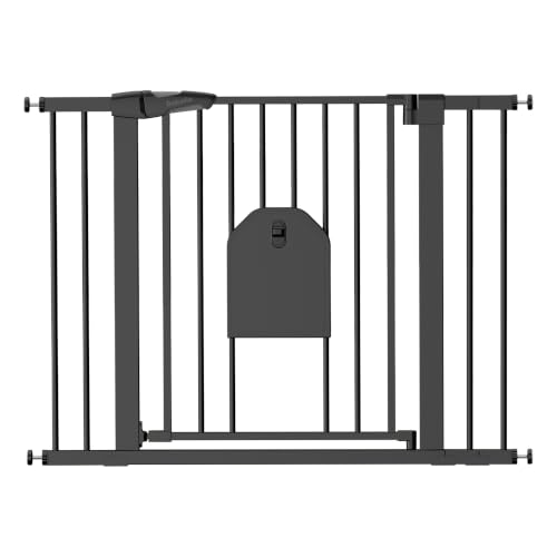 Image of Babelio Auto Close Dog Gate with Cat Door, CatPrivilege I, 29-43 inch | Safety Gate for Doorway & Stairs, Easy Walk Thru with Pet Door, Includes 4 Wall Cups and 3 Extension Pieces, Black