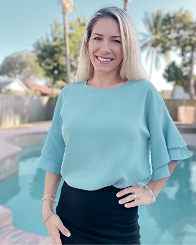 Luvamia Women's Casual 3/4 Tiered Bell Sleeve Crewneck Loose Tops Blouses Shirt Womens Dressy Top Crystal Blue Size Large Size 12 Size 14 #TOP5