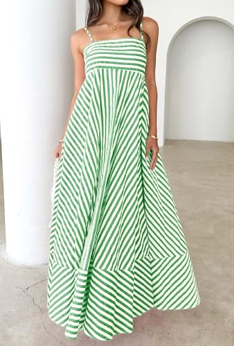 Image of Women Striped Maxi Dress Smocked Backless Spaghetti Strap Long Flowy Dress Sleeveless Boho Aline Sundress