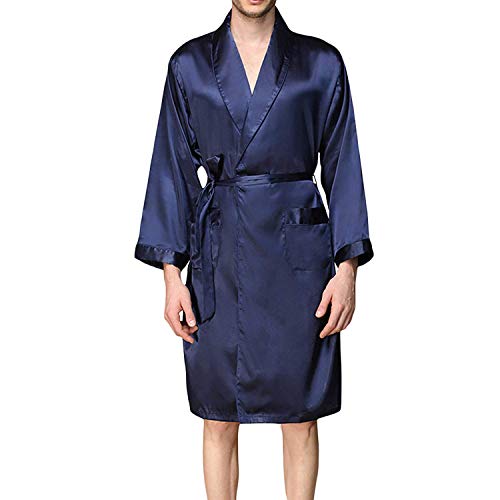 Men's Summer Luxurious Kimono Soft Satin Robe Long-Sleeve Nightgown Printed Pajamas Bathrobes Navy, Large/X-Large