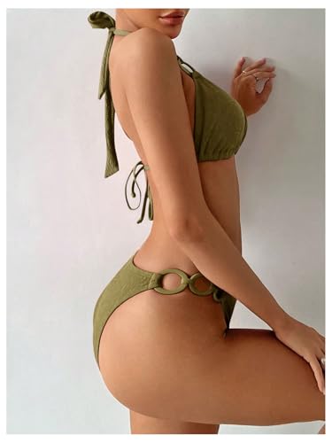 SOLY HUX Women's Halter Triangle Bathing Suit Chain Linked Textured Bikini Sets Two Piece Swimsuit4