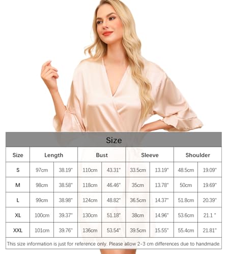Wikoan Morgenmantel Damen Leicht Kurz Satin Bademantel für Frauen Sexy Kimono Robe Mit Gürtel V-Ausschnitt Hochzeit Champagnergelb S