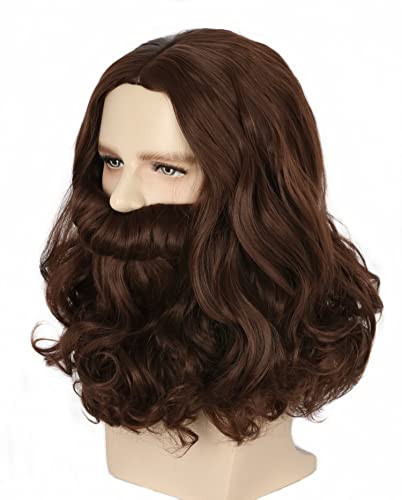 Topcosplay Biblical Jesus Wig and Beard Mens Wigs Brown Halloween Costume Wig