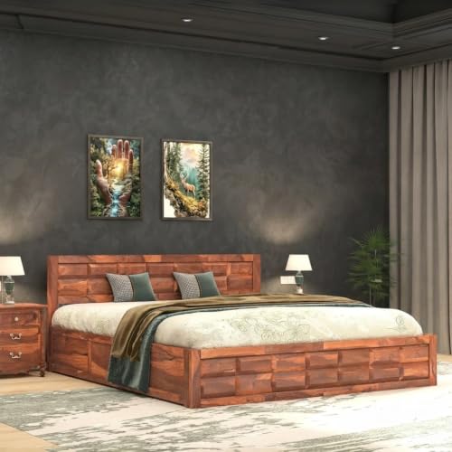 Image of Solid Sheesham Wood King Size Bed with Box Storage | Wooden Double Bed Cot Palang Furniture for Bedroom Living Room and Home (Honey Finish)