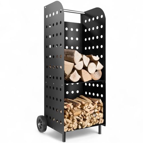 tectake® Holz Regal extrabreit mit Rollen, für aussen und innen, Kaminholzregal, Brennholzregal aus Metall, wetterfest, mobiles Holzlager, Transportwagen für Feuerholz, Kaminzubehör - schwarz