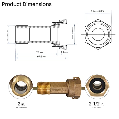 Image of Midline Valve XND2025-OM Brass Water Meter Coupling Adapter Pipe Fitting; with Nut and Gasket; 2'' MIP x 2-1 /2'' FIP