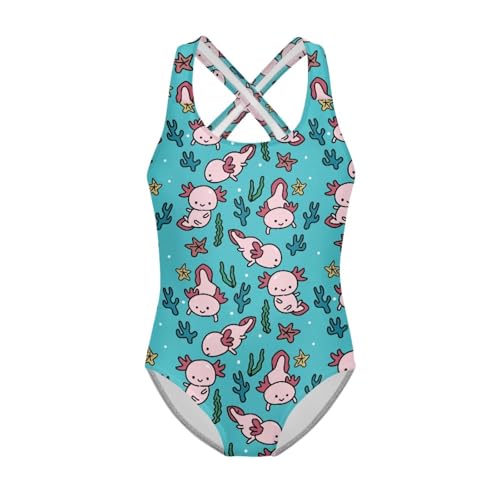 Image of Girls One Piece Swimsuit Axolotl Cross Back Straps Bathing Suit Lightweight Quick Dry Gymnastics Leotard