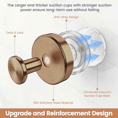 Image of BKV Suction Cup Hooks for Shower,Reusable Shower Suction Hooks,Heavy Duty Towel Hooks for Bathroom Wall,Glass,Door,Window,Mirror-Strong Suction & No Drill(4 Pack,Champagne Bronze)