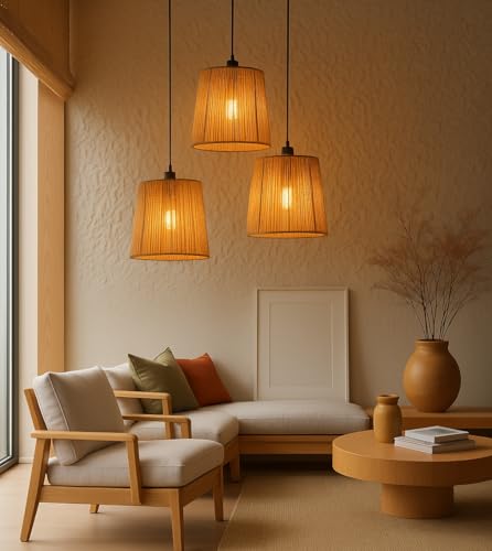 Image of Ikari Homes Rattan Chandelier 3 in1 Pendant Light, Natural Beige, Boho Style, E27 Base, Chandelier for Living Room I Dining I Bedroom I Balcony I Adjustable Wire - (Bulbs not Included) (Taper Raffia)